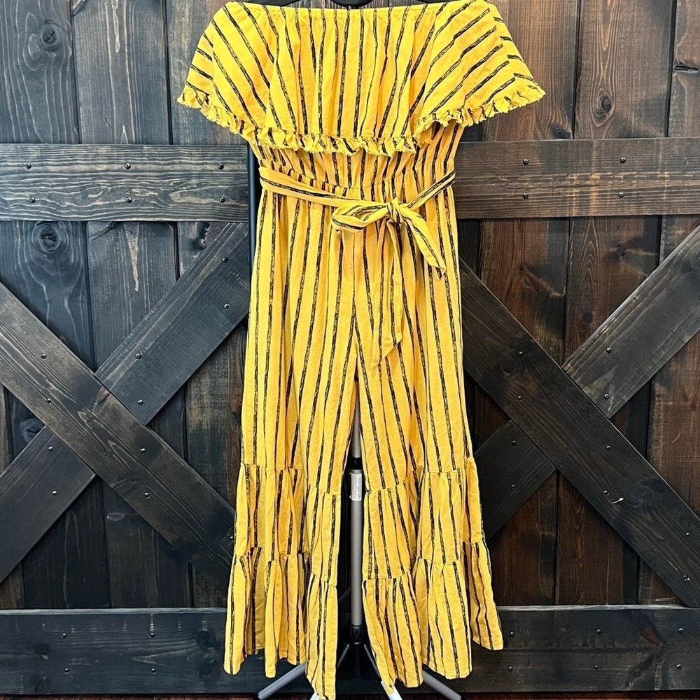 NWT Yellow & Black Striped Belted Flare Jumpsuit S Off Shoulder Bell Bottom Boho